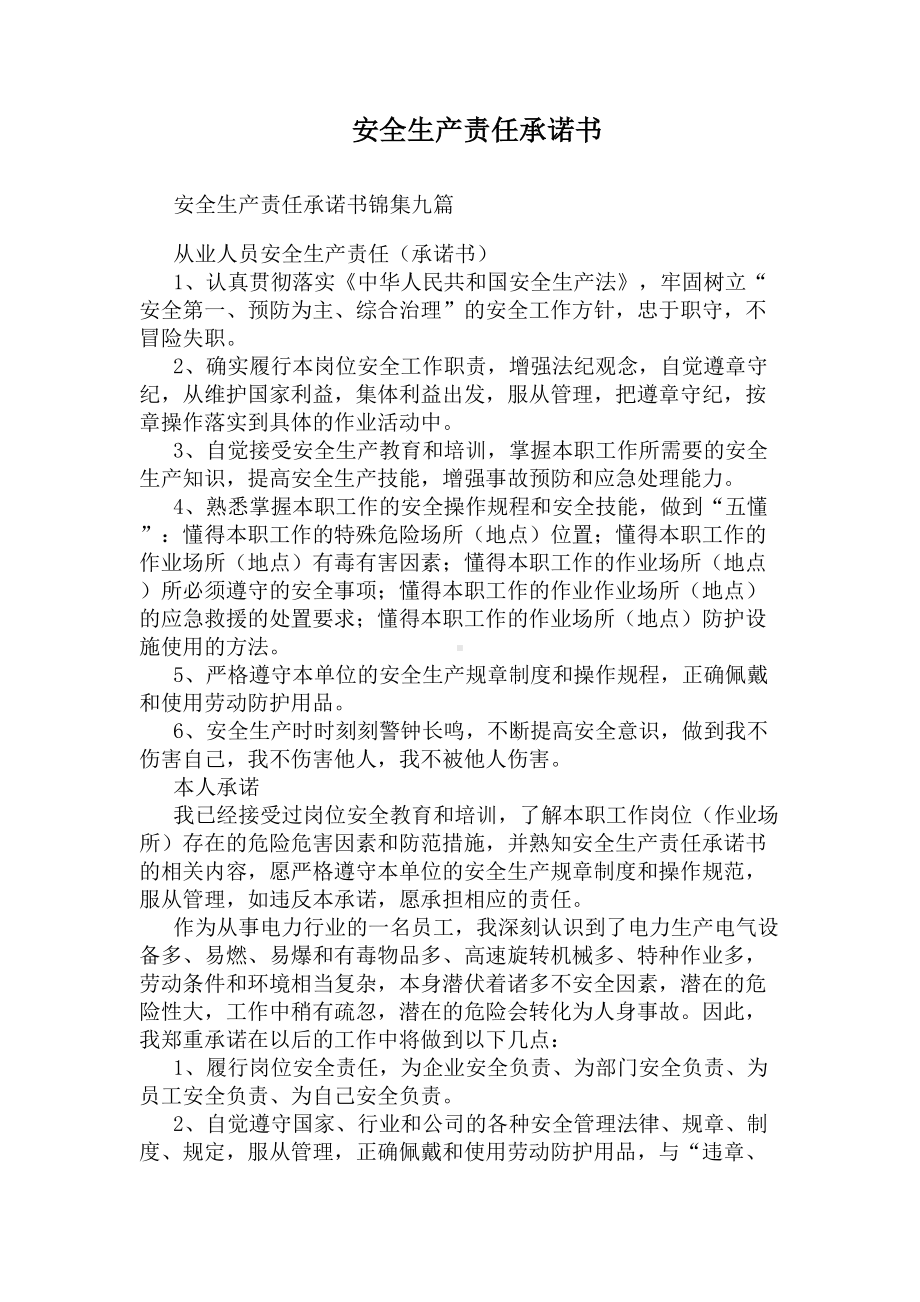 安全生产责任承诺书(DOC 9页).docx_第1页