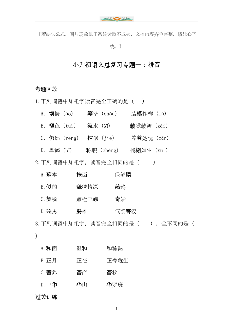 小升初语文总复习专题练习题及答案(共20个专题练习)(DOC 101页).doc_第1页