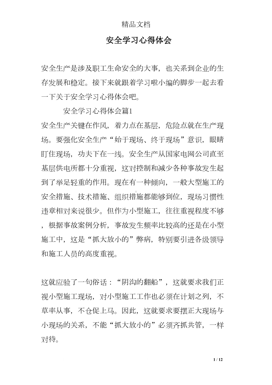 安全学习心得体会(DOC 12页).doc_第1页