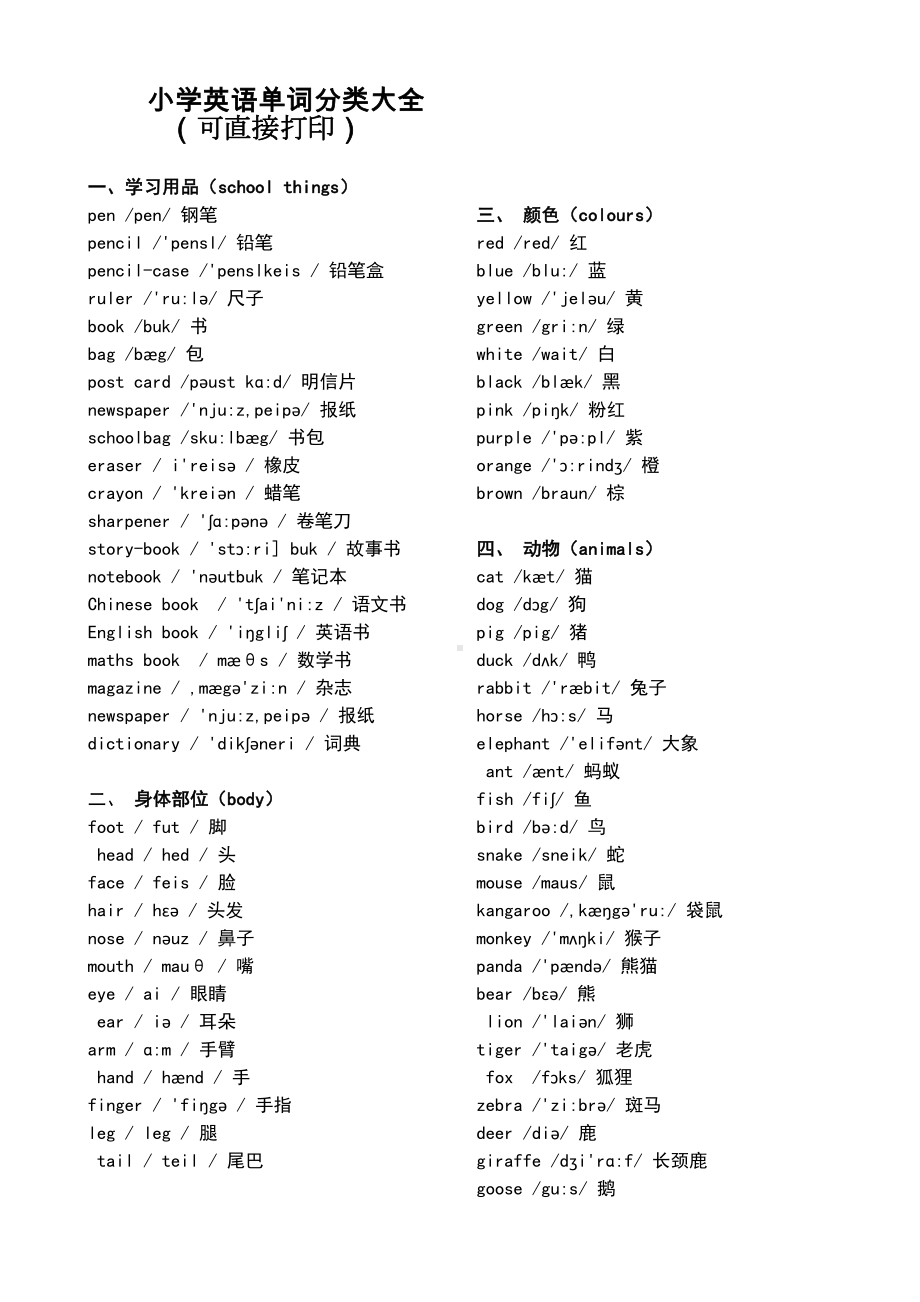 小学英语单词分类大全可直接打印(DOC 10页).doc_第1页