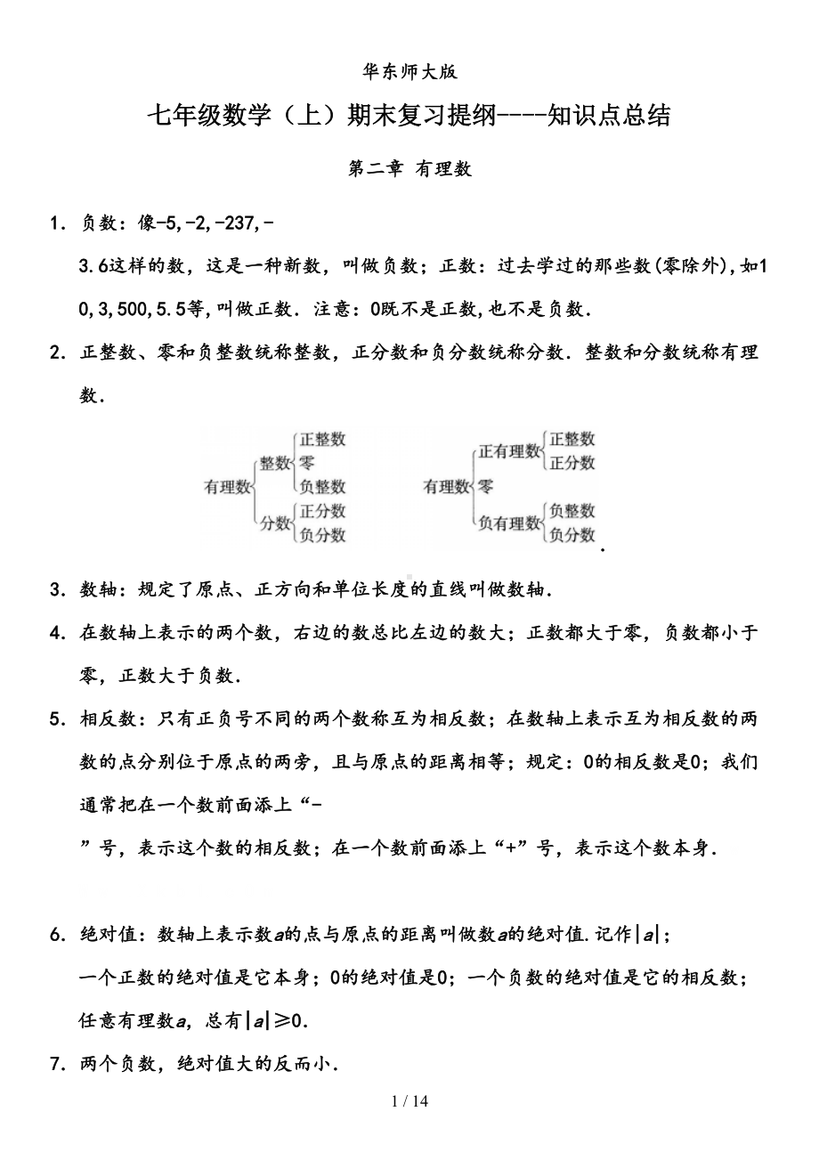 华东师大新版七年级数学(上)期末复习知识点总结(DOC 14页).docx_第1页