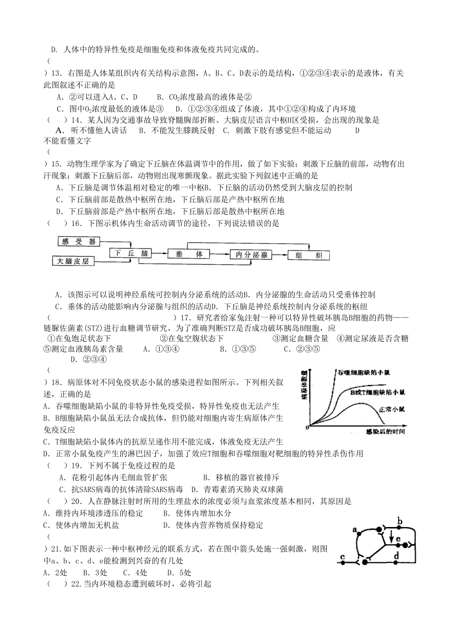 动物和人体生命活动的调节练习题含标准答案(DOC 6页).doc_第2页