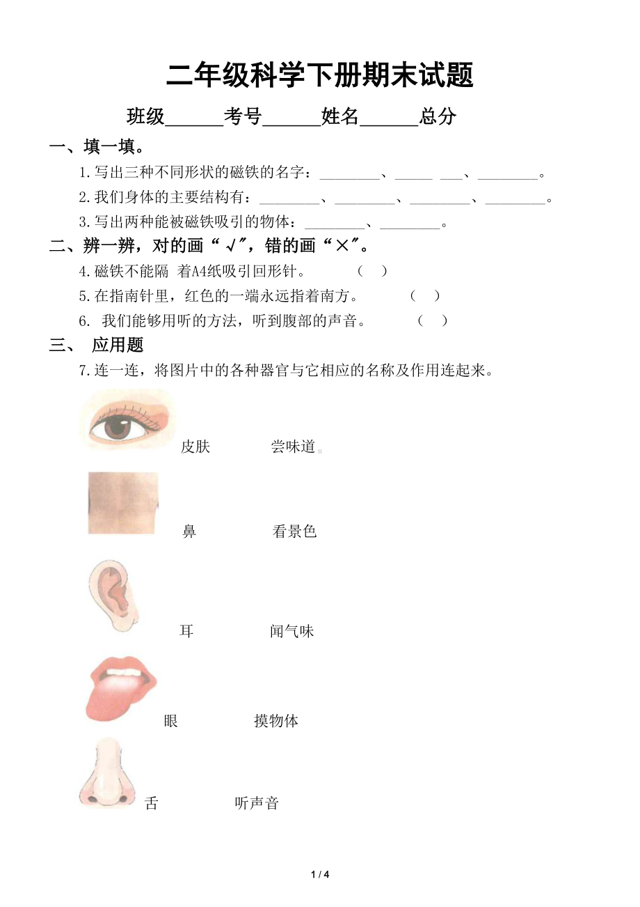 小学科学教科版二年级下册期末测试题(DOC 4页).docx_第1页