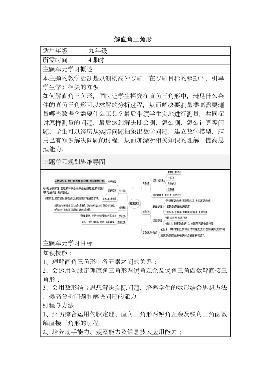 初中数学解直角三角形单元教学设计以及思维导图(DOC 5页).doc_第1页