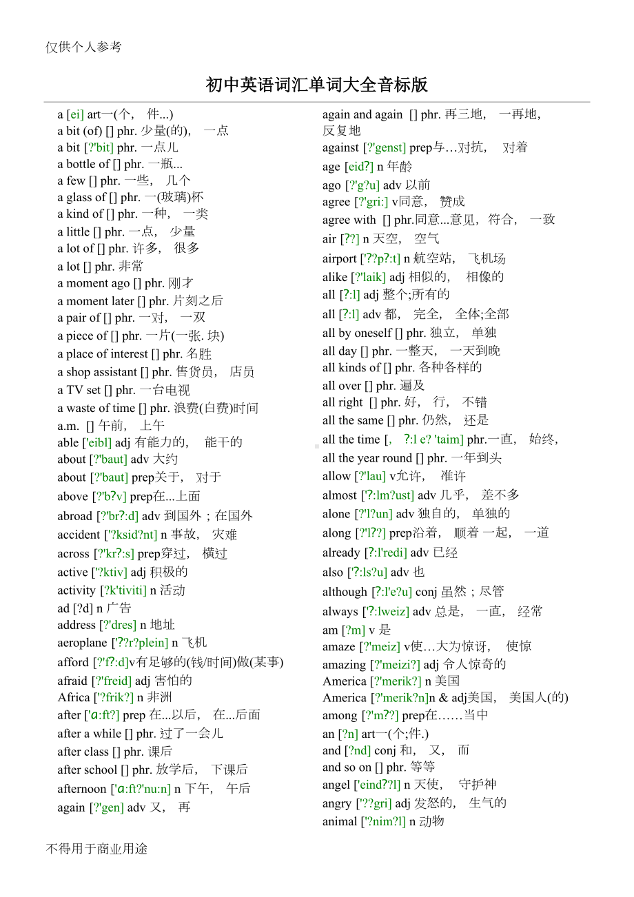 初中英语词汇单词带音标按字母排序(DOC 27页).doc_第1页