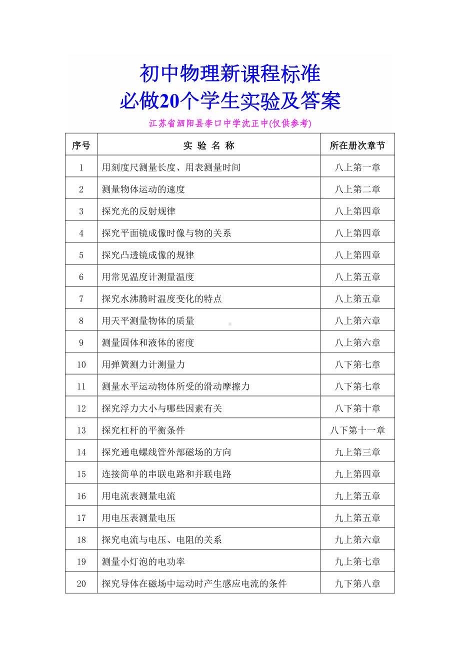 初中物理新课程标准必做20个学生实验及答案要点(DOC 17页).doc_第1页