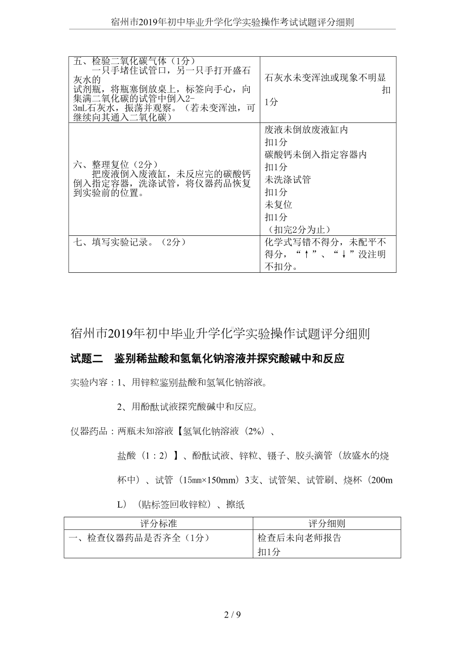 宿州市2019年初中毕业升学化学实验操作考试试题评分细则(DOC 8页).doc_第2页