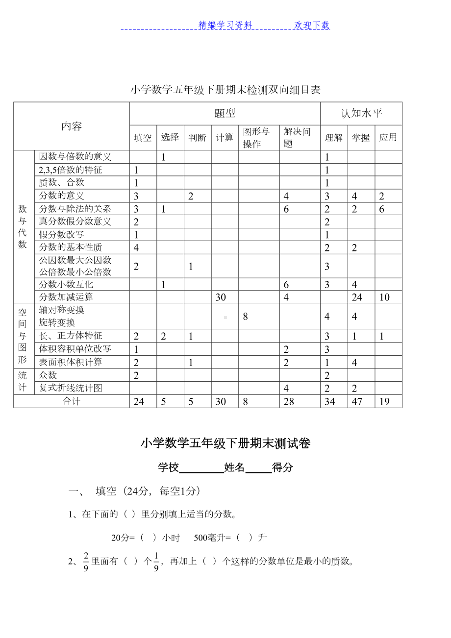 小学数学五年级下册期末检测双向细目表试卷答案(DOC 8页).docx_第1页