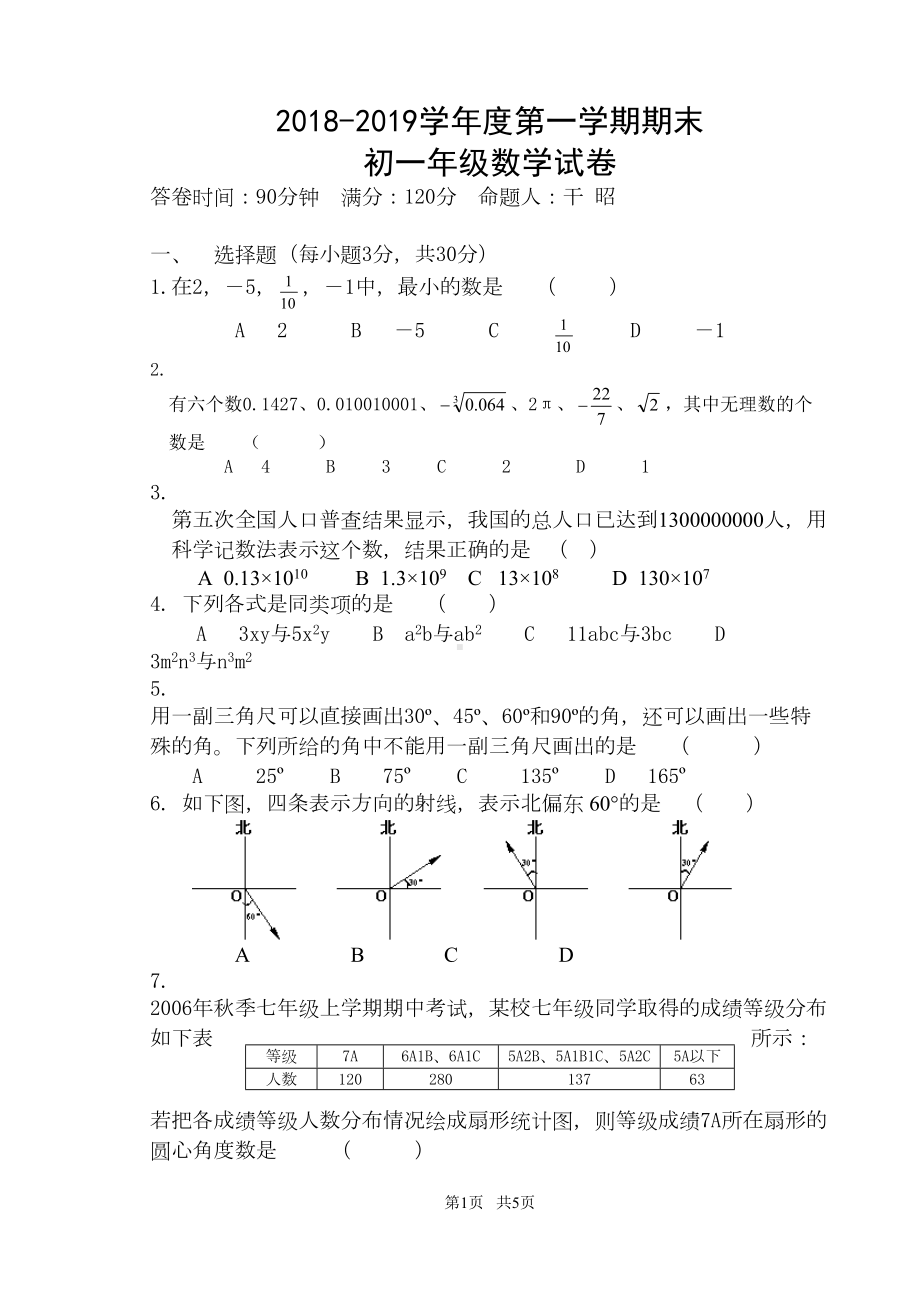 初一年级第一学期期末数学试卷(DOC 5页).doc_第1页