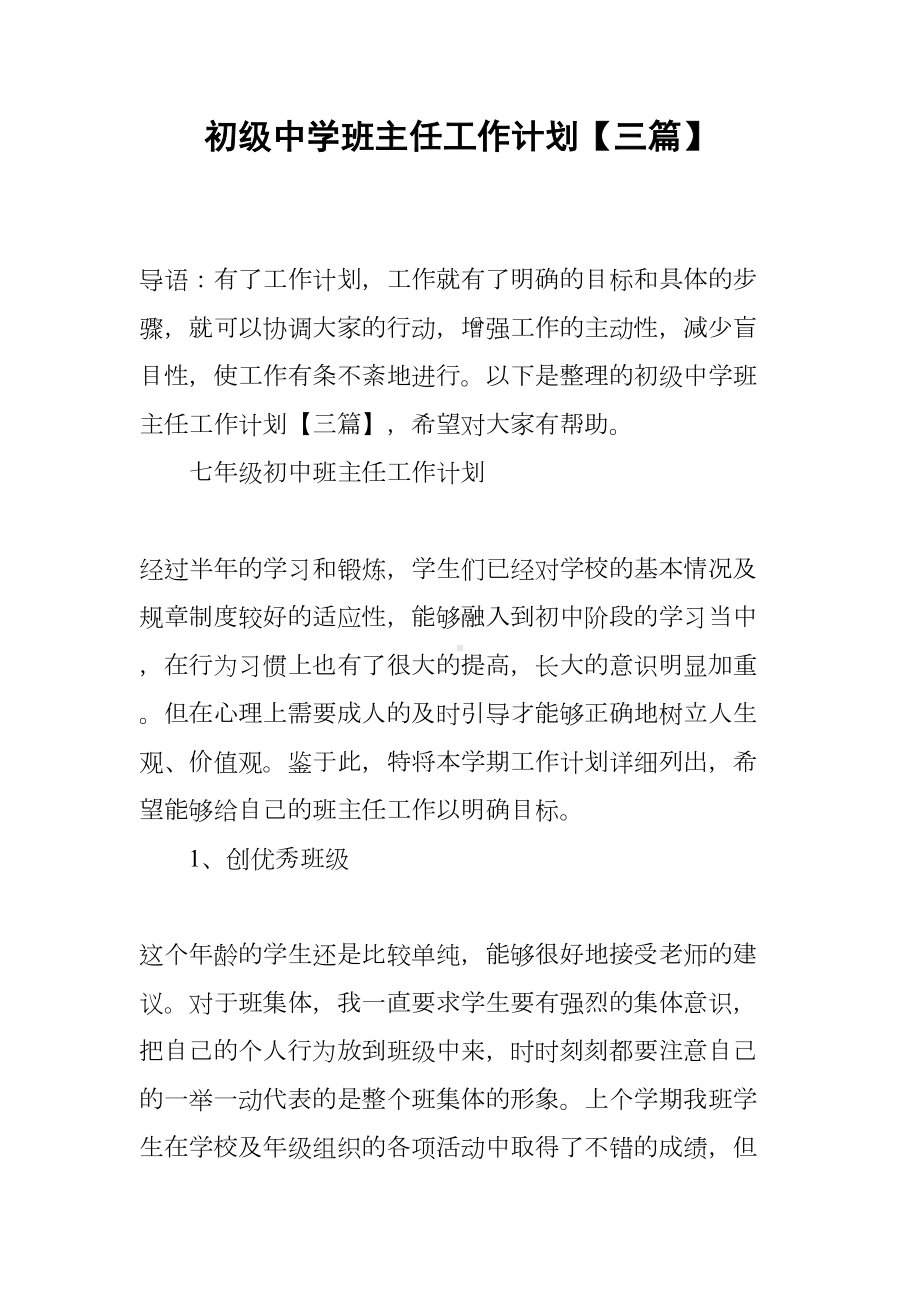 初级中学班主任工作计划（三篇）(DOC 16页).docx_第1页