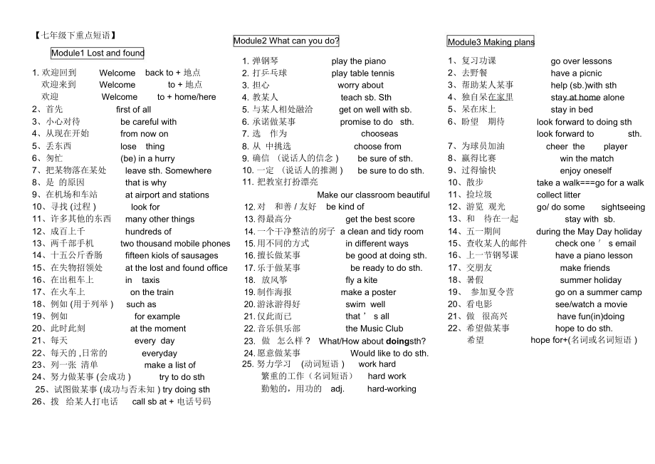 外研版七年级下册短语汇总(DOC 4页).docx_第1页