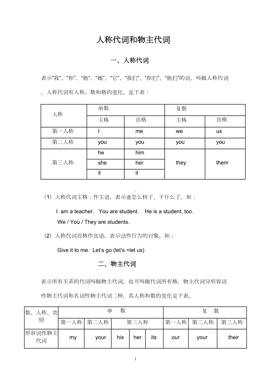 初一英语人称代词和物主代词的表格及练习题(DOC 7页).doc_第1页