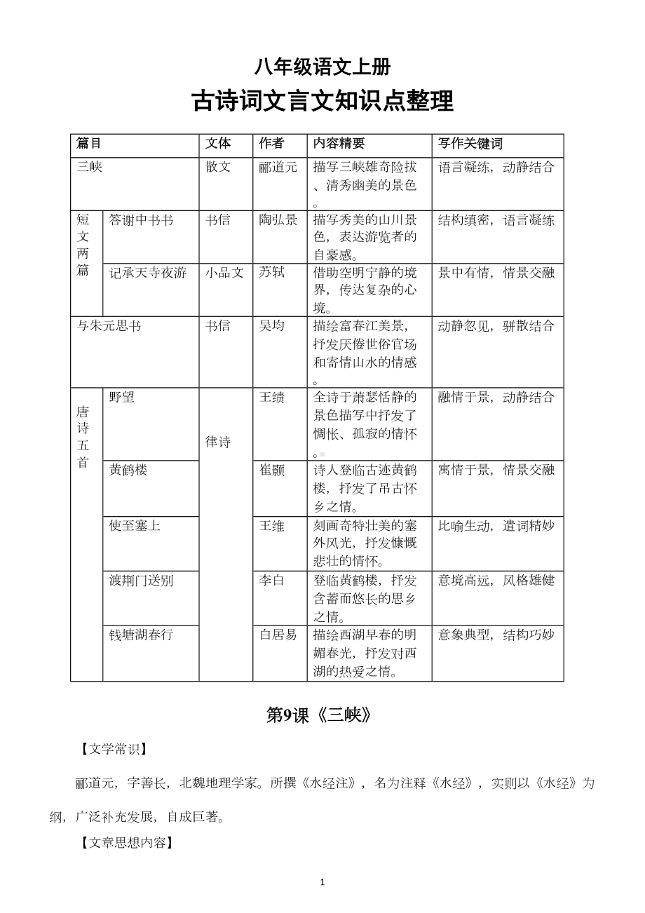 初中语文部编版八年级上册古诗词文言文知识点整理(DOC 17页).docx_第1页