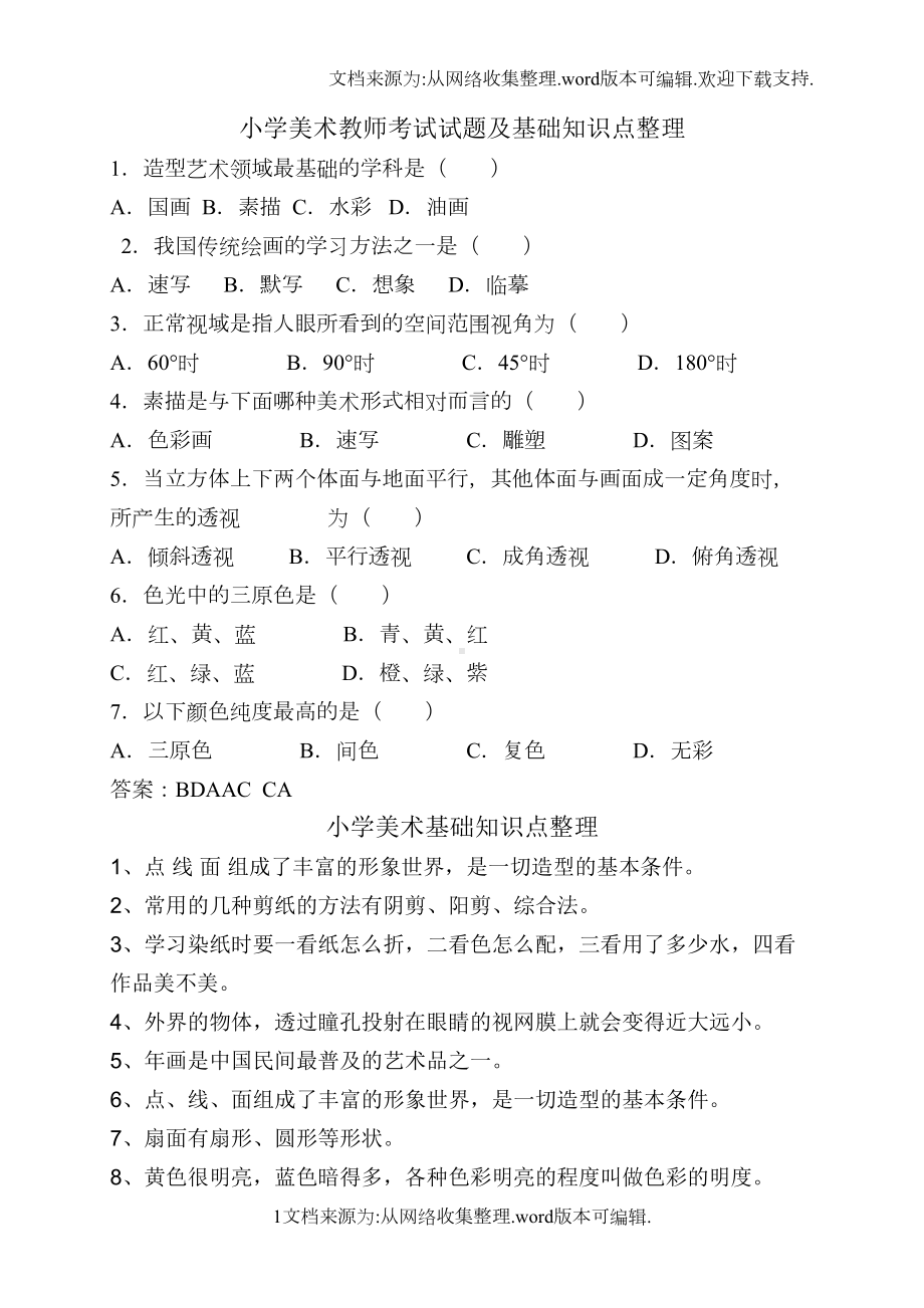 小学美术教师考试试题及基础知识点整理(DOC 13页).docx_第1页