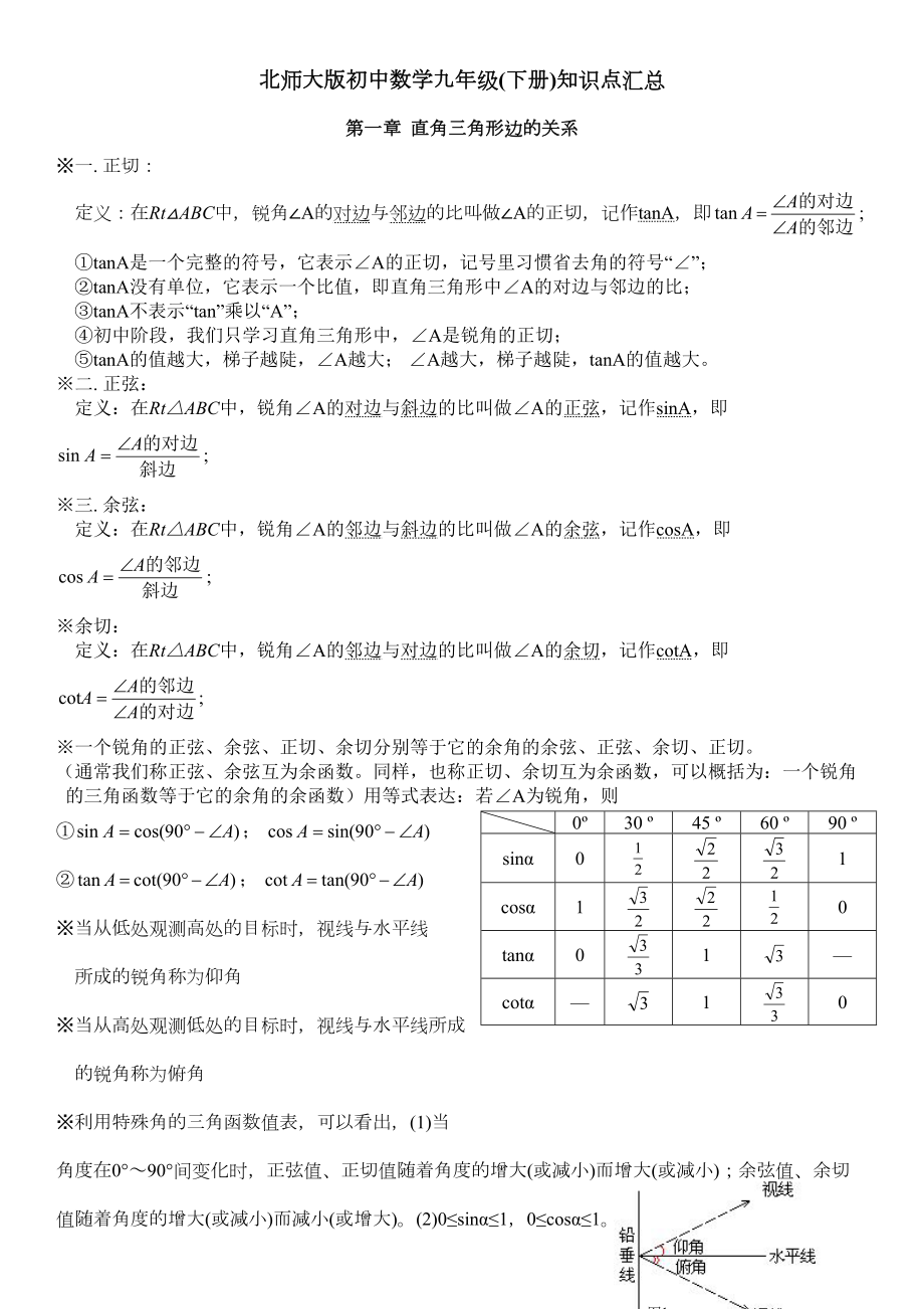 北师大版初中数学九年级(下册)知识点汇总(DOC 9页).doc_第1页