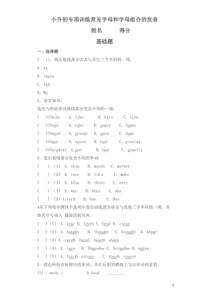 小升初英语常见字母和字母组合的发音专项训练试卷(有答案)(DOC 25页).docx