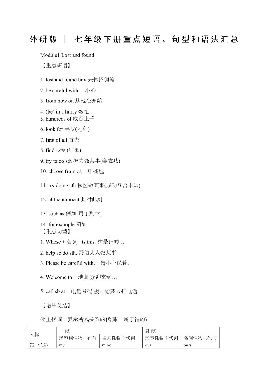 外研版▏七年级下册英语重点知识点汇总(DOC 13页).docx_第1页