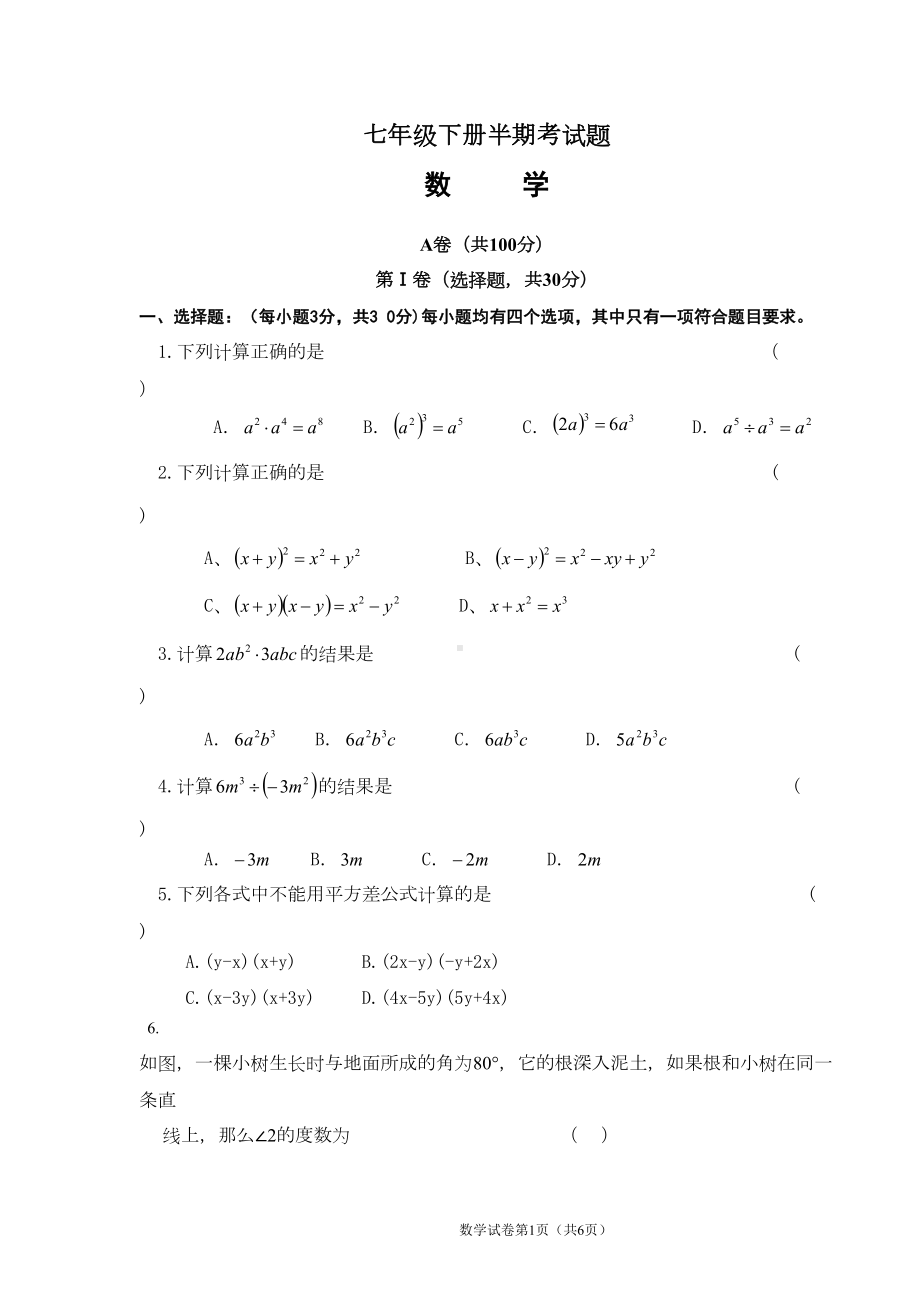 初一数学下期半期考试题(DOC 6页).doc_第1页