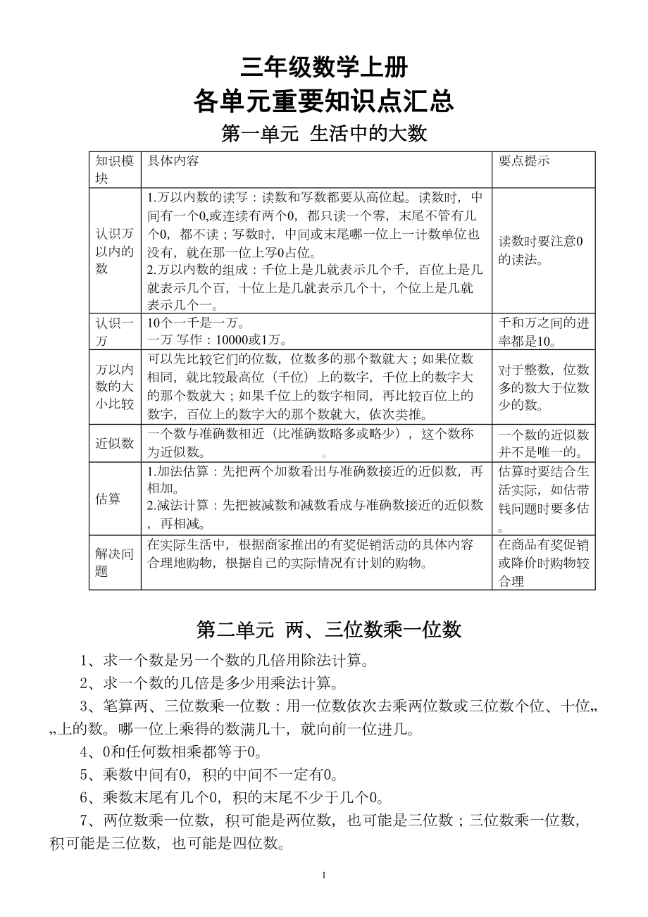 小学数学冀教版三年级上册各单元重要知识点汇总(DOC 14页).docx_第1页