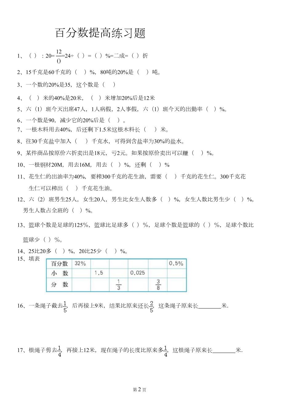 北师大版六年级上册第四章百分数提高练习题(原创)(DOC 7页).doc_第2页