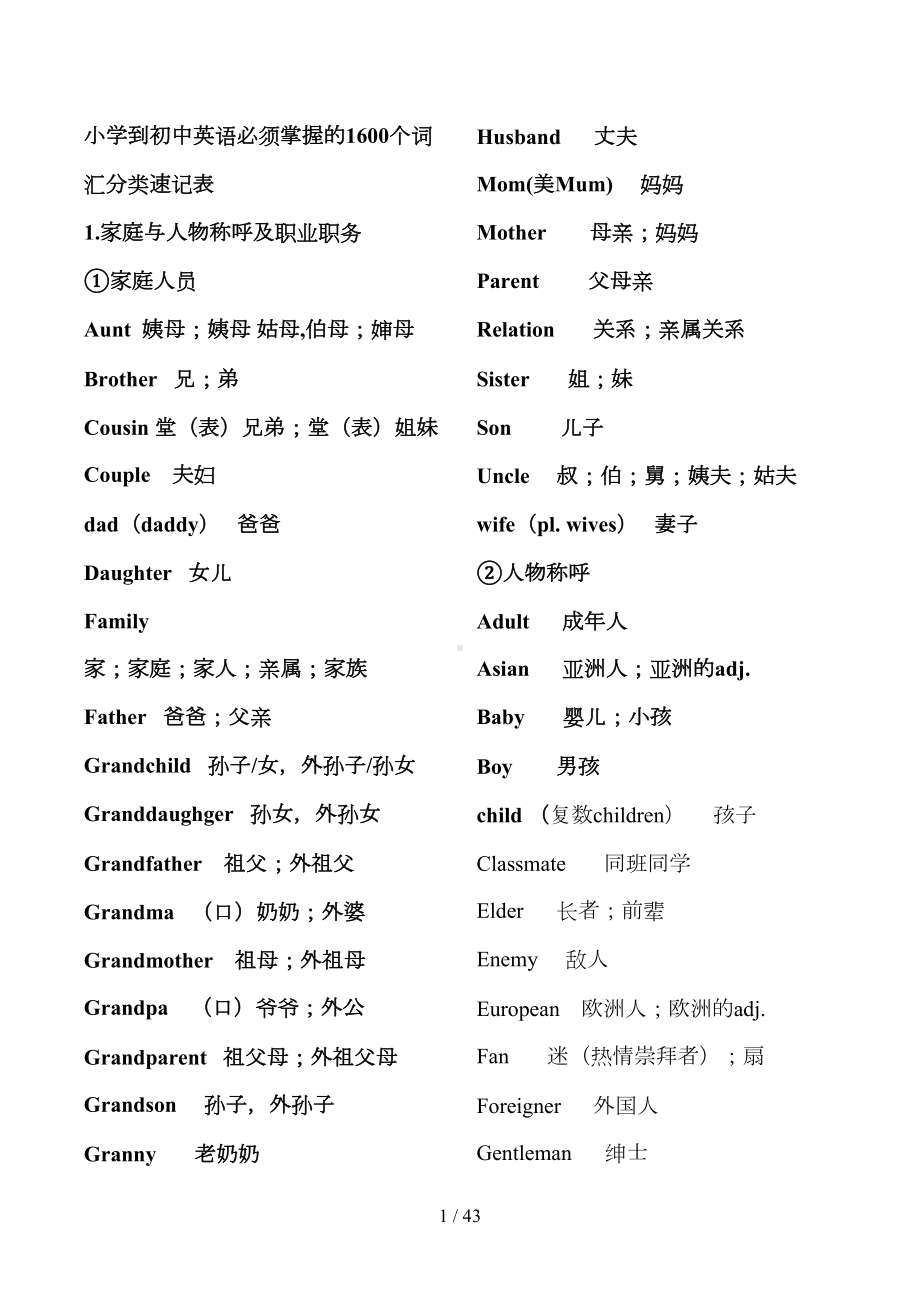 小学到初中英语必须掌握1600个词汇分类速记表(DOC 43页).docx_第1页