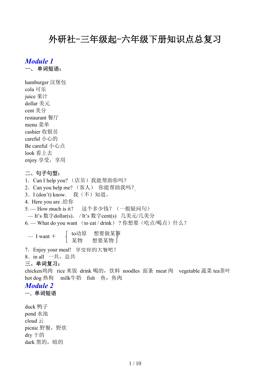 外研社三年级起六年级下册知识点总复习(DOC 10页).docx_第1页