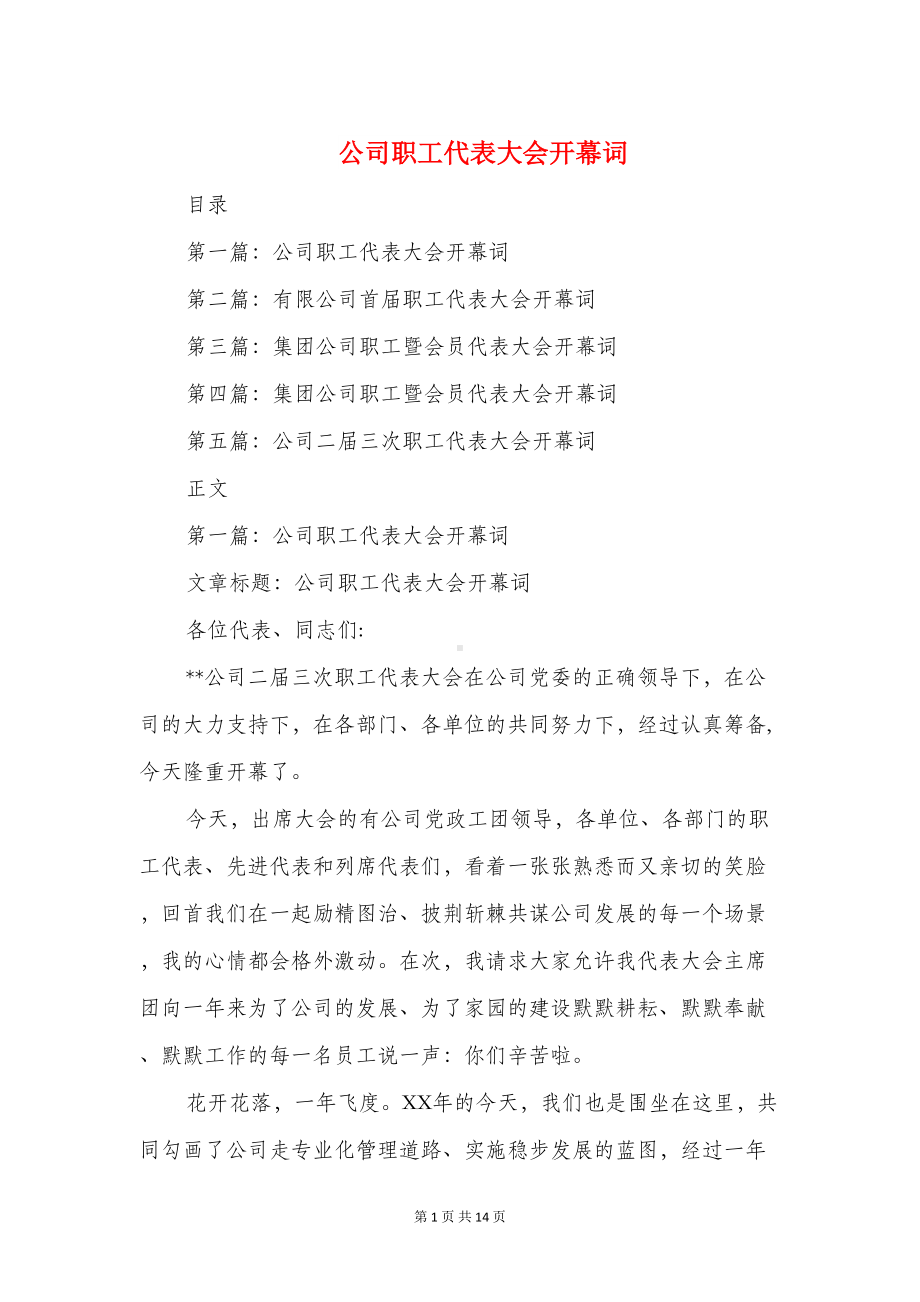 公司职工代表大会开幕词与公司职工大会发言稿汇编(DOC 13页).doc_第1页