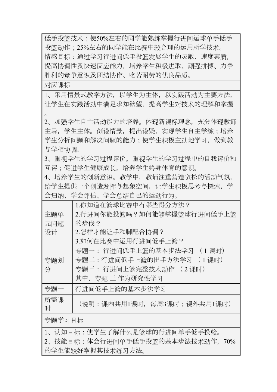 初中体育《篮球行进间单手低手投篮》主题单元教学设计以及思维导图(DOC 4页).doc_第2页