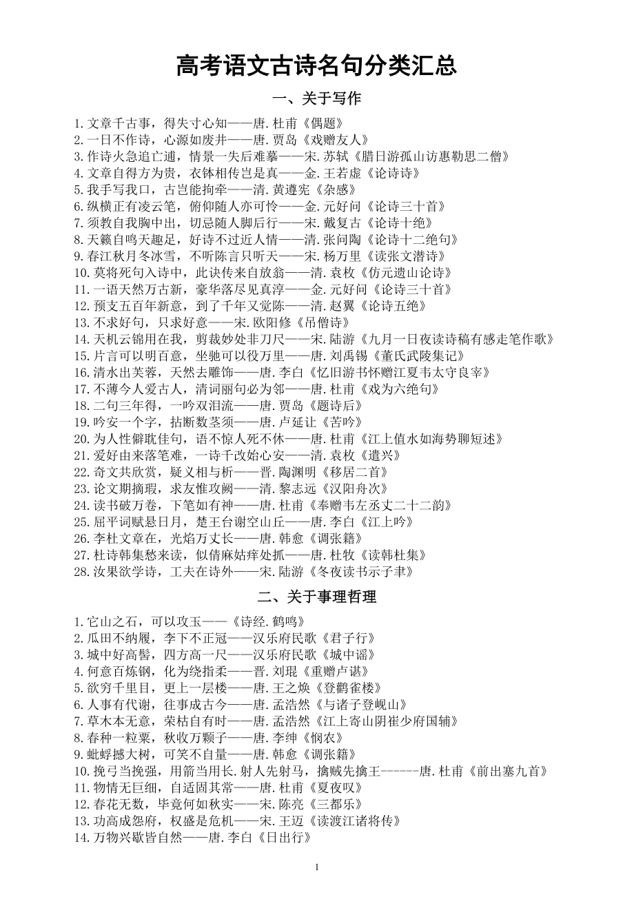 高中语文高考复习古诗名句分类汇总（共十类230句）.doc_第1页