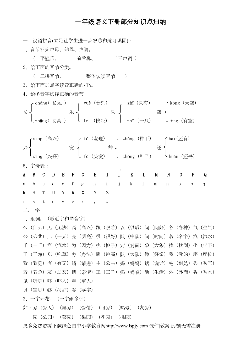 小学一年级下册语文全册知识点汇总(DOC 8页).doc_第1页