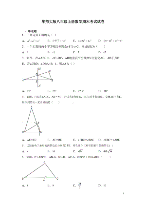 华师大版八年级上册数学期末考试试卷及答案(DOC 18页).docx