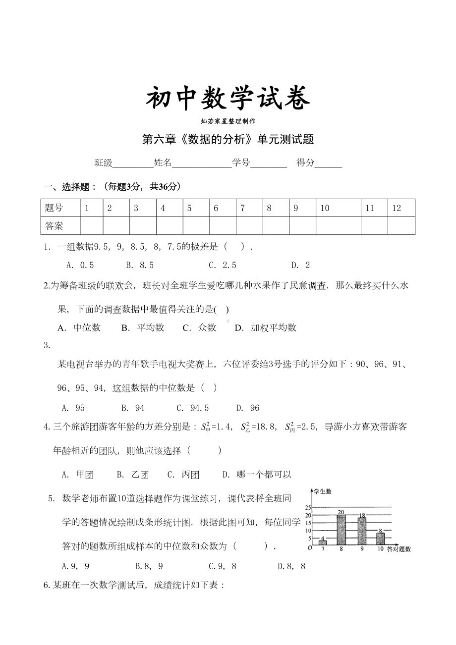 北师大版八年级数学上第六章《数据的分析》单元测试题(DOC 5页).docx_第1页