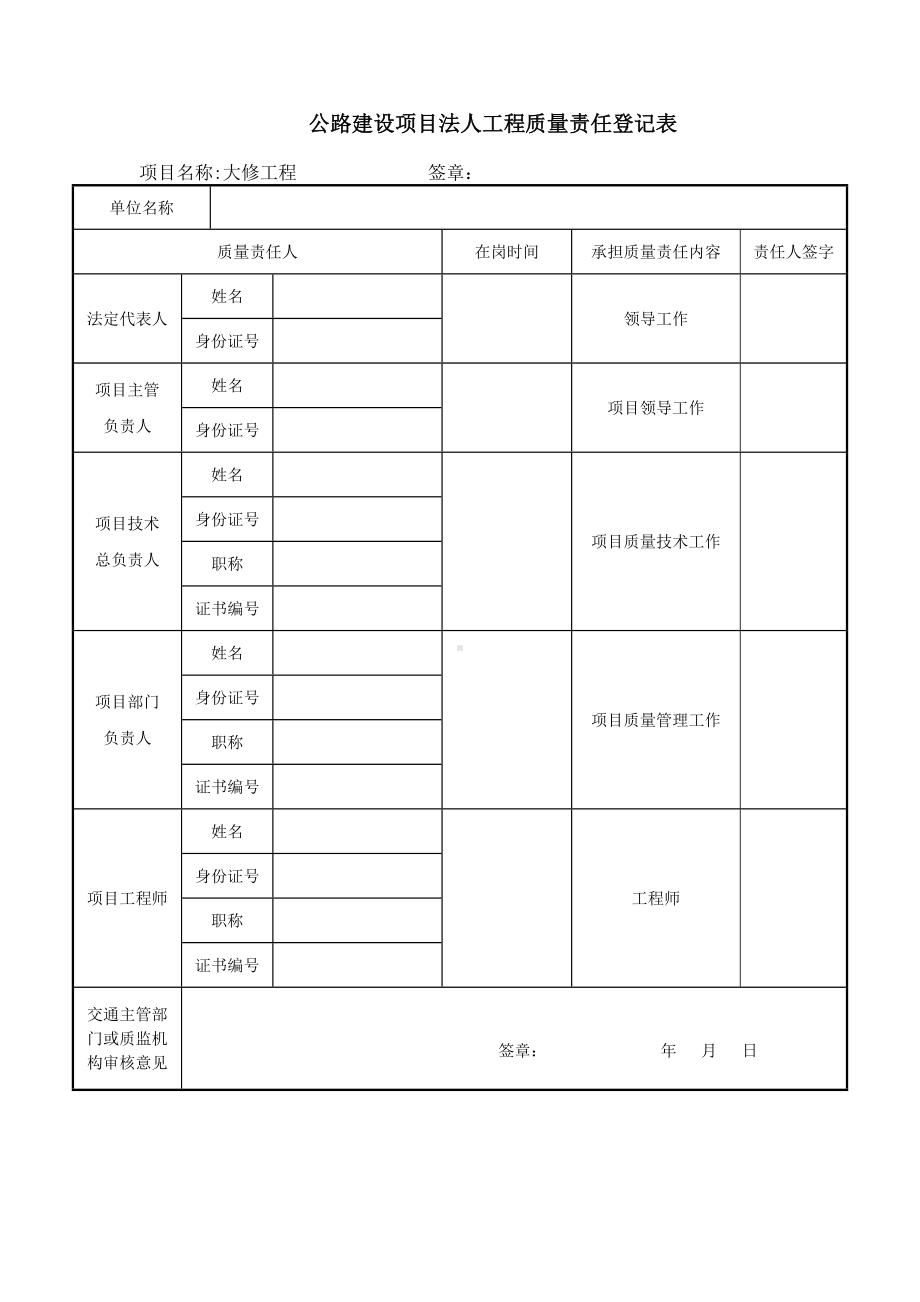 公路建设项目法人工程质量责任登记表.docx_第1页