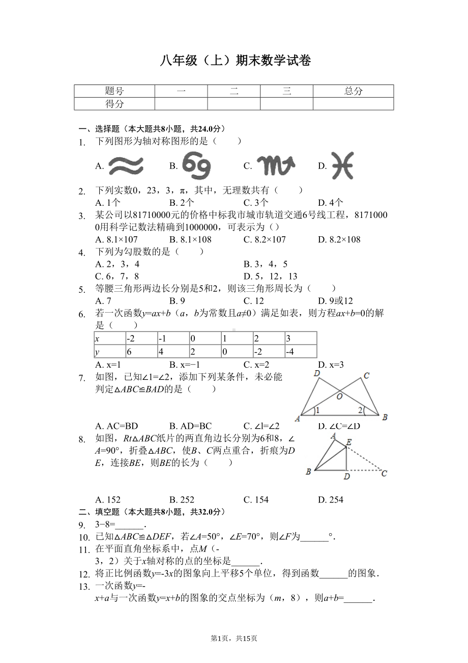 江苏省徐州市八年级(上)期末数学试卷-(DOC 18页).docx_第1页