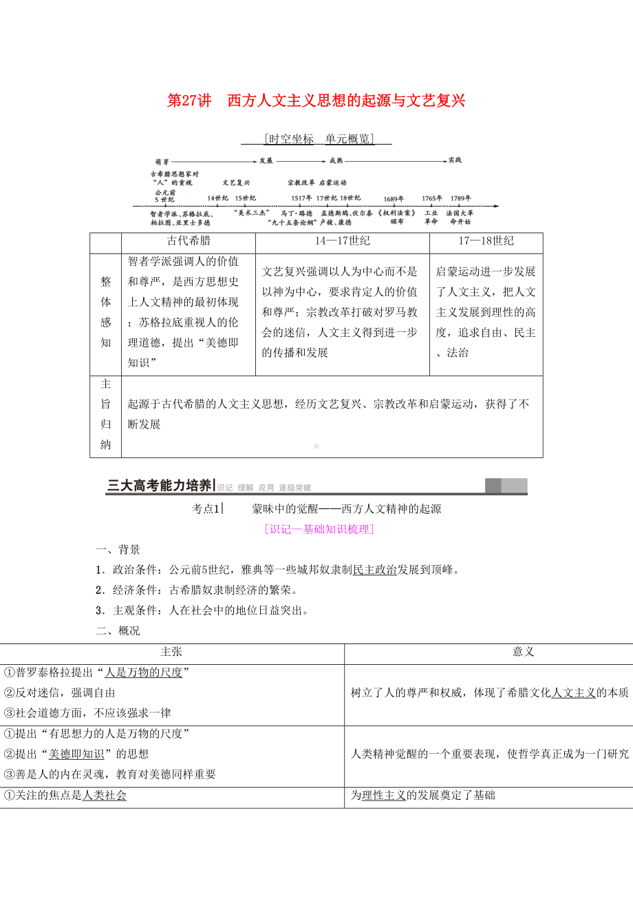 海南省2019届高考历史复习西方人文精神的起源及其发展第27讲西方人文主义思想的起源与文艺复兴学案(DOC 14页).docx_第1页