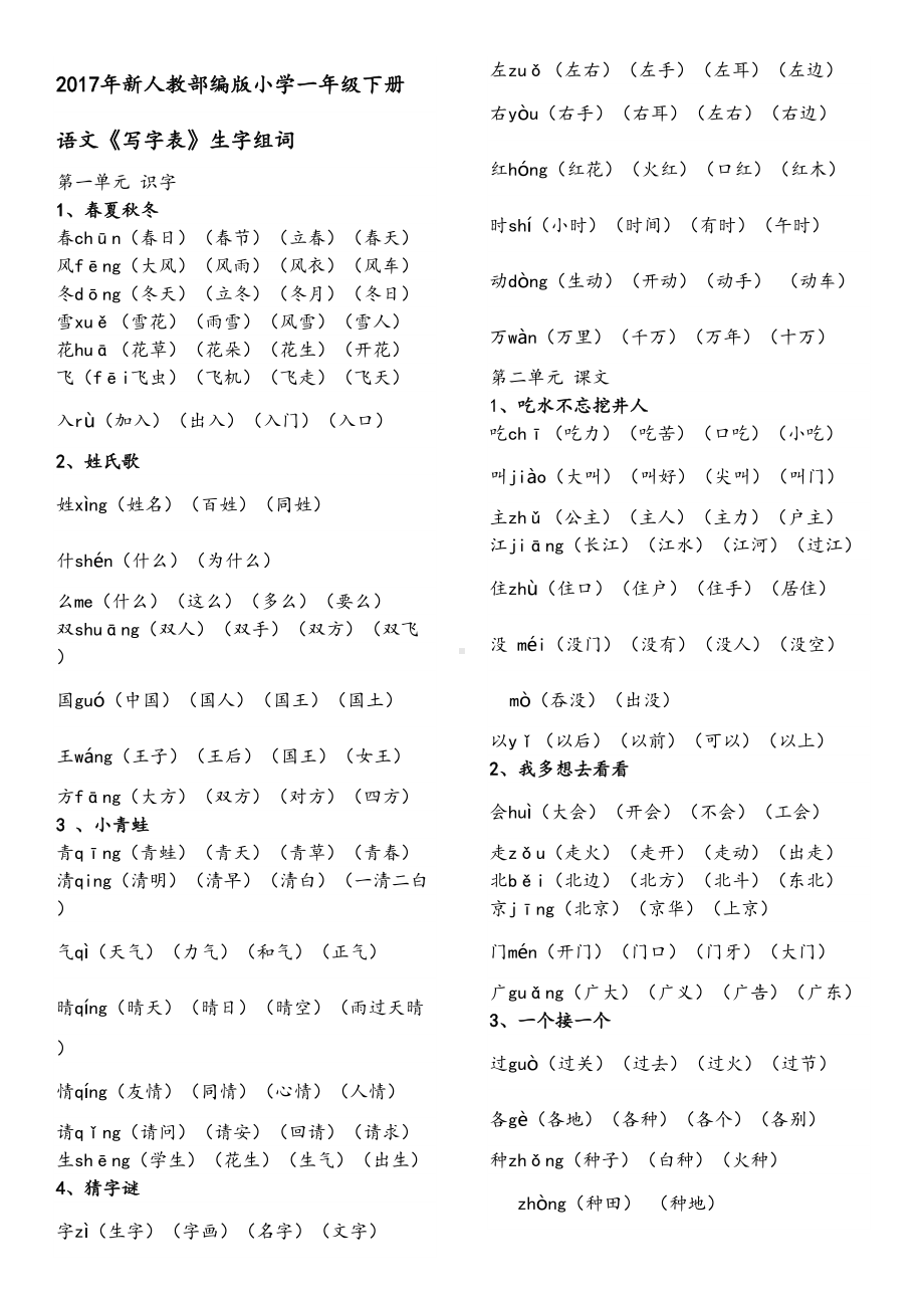 新人教部编版小学一年级下册生字表组词-全册(DOC 14页).docx_第1页