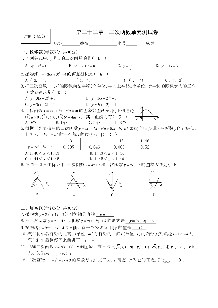 第22章-二次函数单元测试卷(含答案)(DOC 4页).doc_第1页