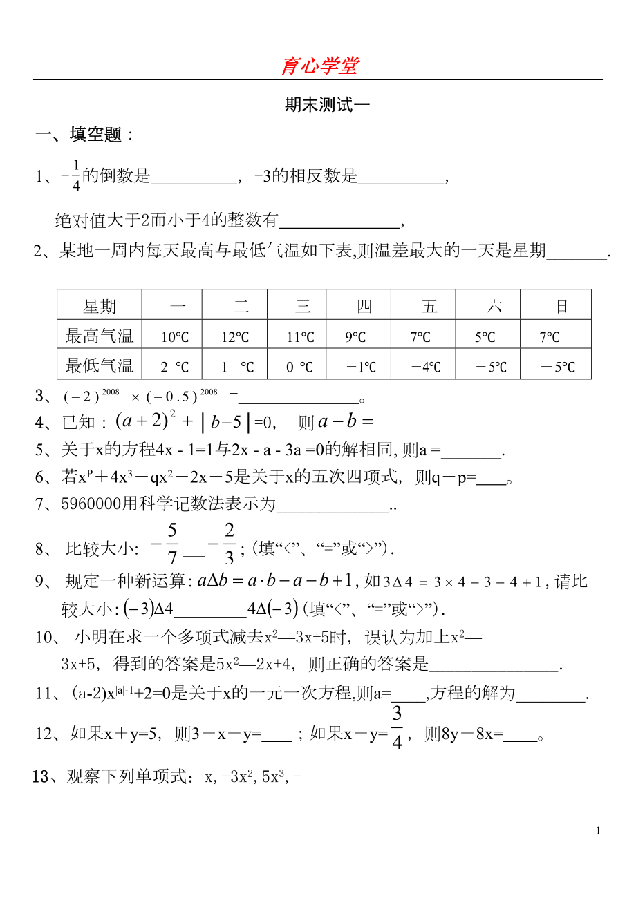 最新青岛版初一数学上册-期末试卷(4套)汇总(DOC 20页).doc_第1页