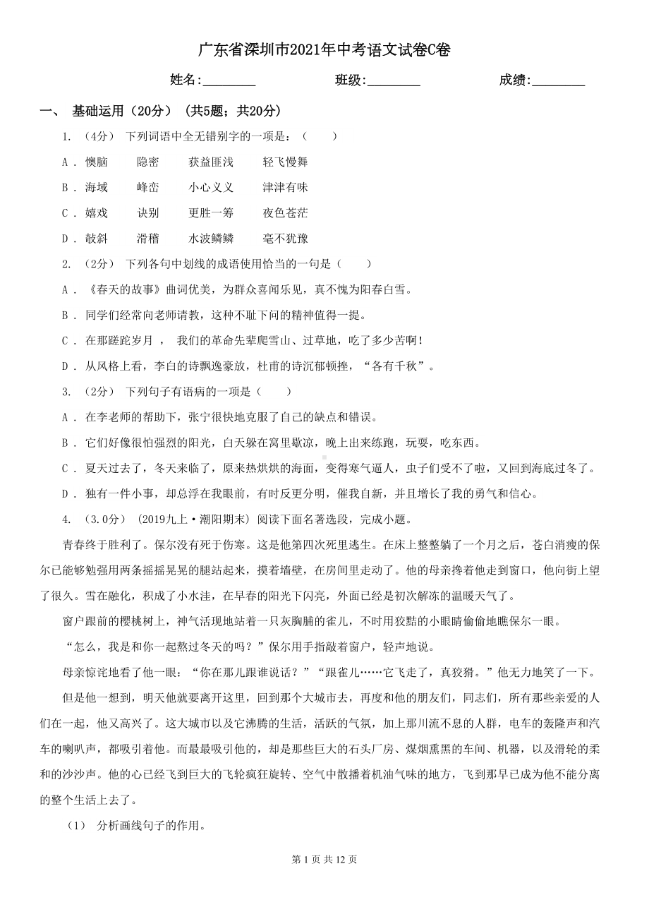 广东省深圳市2021年中考语文试卷C卷(DOC 12页).doc_第1页