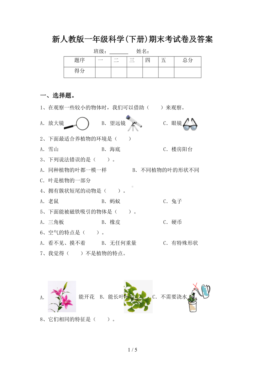 新人教版一年级科学(下册)期末考试卷及答案(DOC 5页).doc_第1页