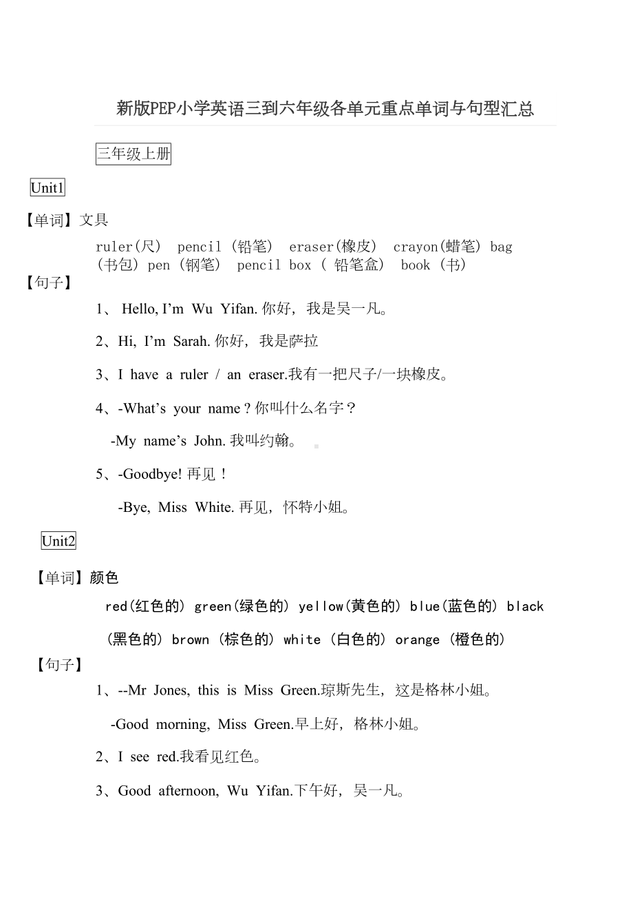 新版PEP小学英语三到六年级各单元重点单词及句型汇总(DOC 28页).doc_第1页