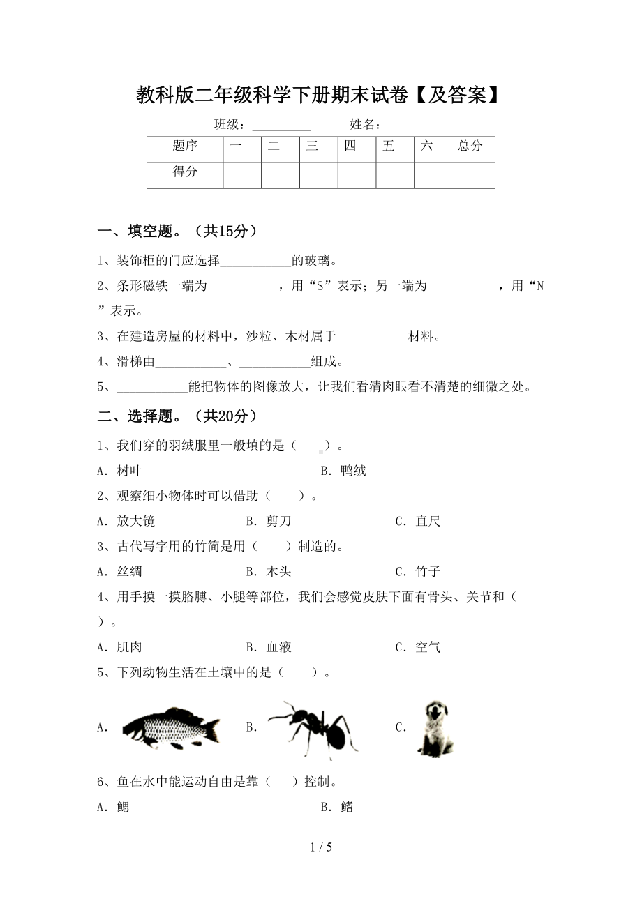 教科版二年级科学下册期末试卷（及答案）(DOC 5页).doc_第1页