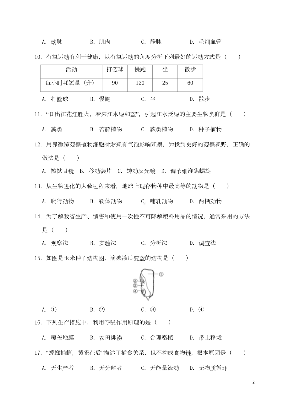 海南省2019年中考生物真题试题(DOC 9页).doc_第2页