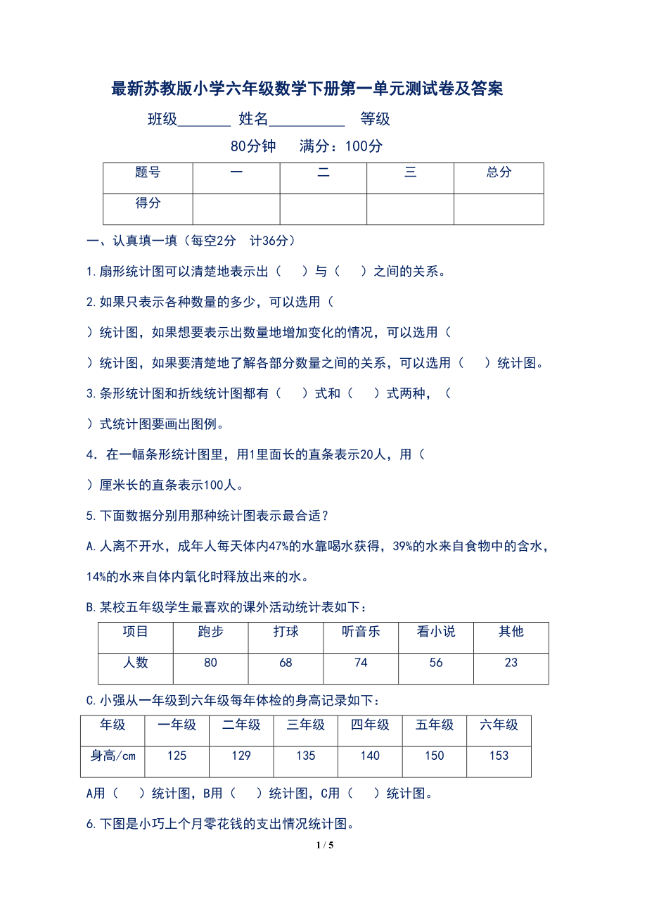 最新苏教版小学六年级数学下册第一单元测试卷及答案(DOC 5页).docx_第1页