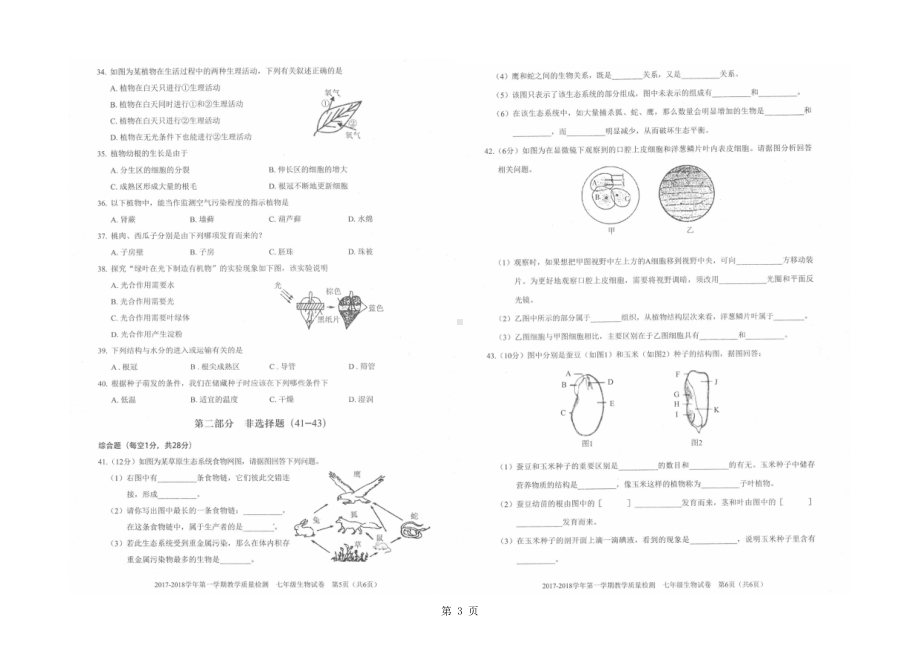 深圳市福田区第一学期期末考试七年级生物试卷和答案(人教版生物七上图片版)(DOC 7页).doc_第3页