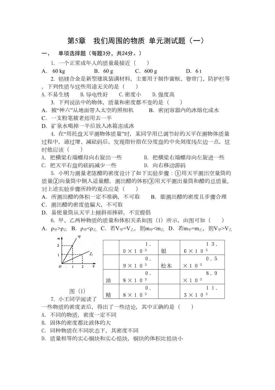 第5章《我们周围的物质》单元测试题(一)(含答案)(DOC 6页).doc_第1页