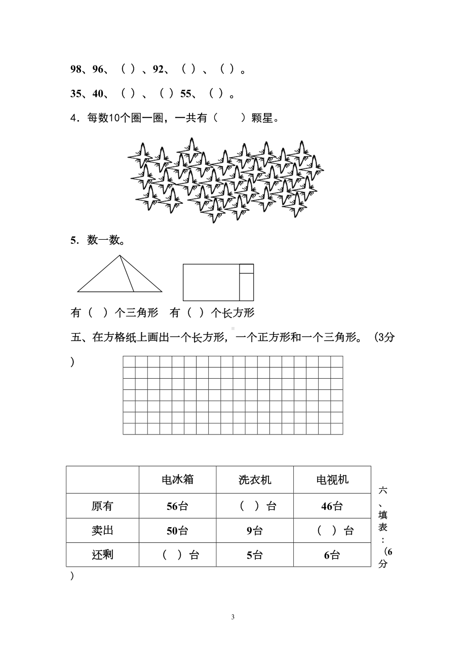 苏教版一年级下册数学数学-一下月考试卷(DOC 4页).doc_第3页