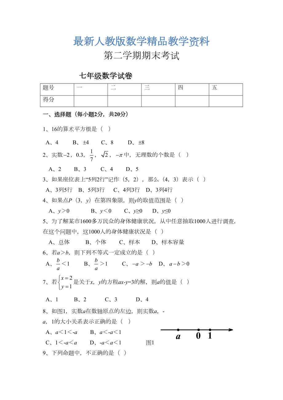 最新人教版学年七年级下期末考试数学试卷及答案(DOC 6页).doc_第1页