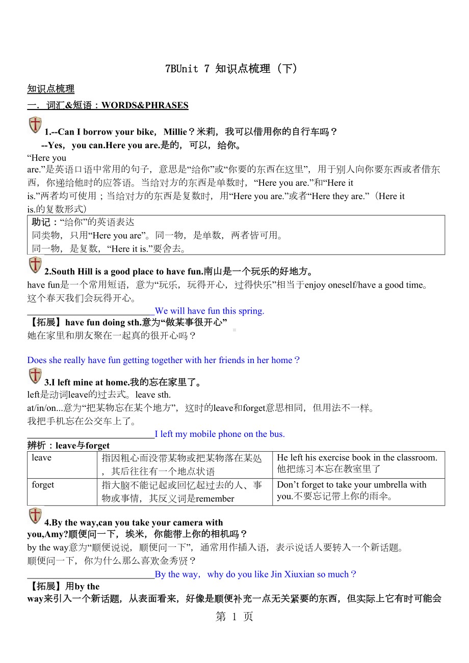 牛津译林版英语七年级下册Unit-7知识点精讲(下)(DOC 13页).doc_第1页