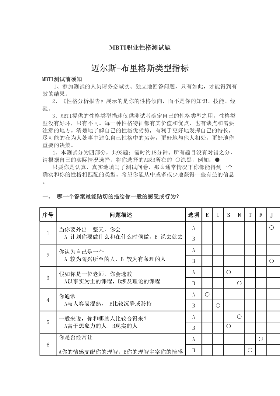 职业分析：MBTI职业性格测试题(DOC 13页).doc_第1页